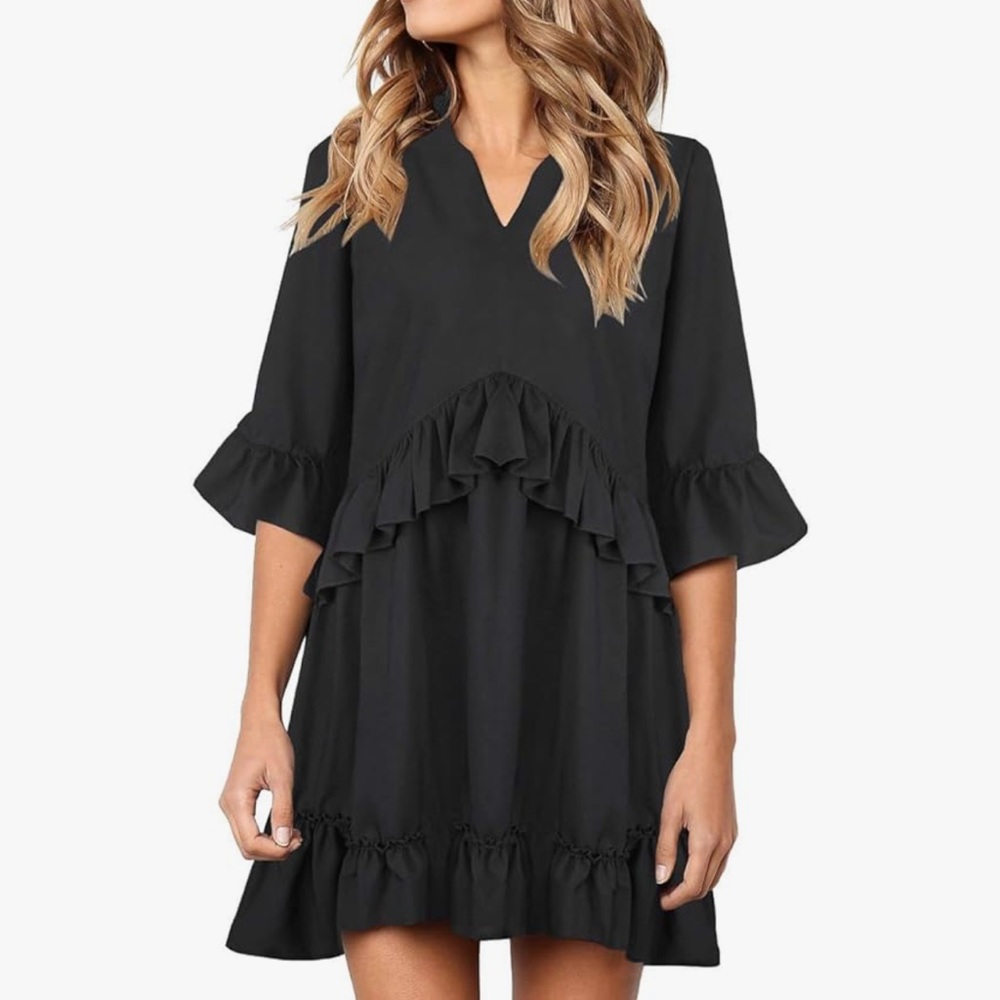 MITILLY Women’s V-neck Ruffle Loose Dress with pockets.